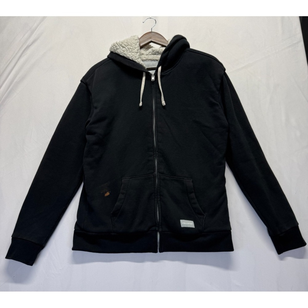 Hollister Hoodie Mens Medium Black Sherpa Lined Cotton Ribbed Full Zip Cozy Warm